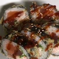 Hot Summer Roll · Assorted fish,crabmix,greenonion,then flash fried,topped with eel sauce and housemade spicy ...