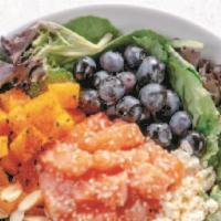 Days Of Summer Salad · Spring mix & kale, salmon, blueberries, mango, parmesan, toasted almonds, balsamic vinaigret...