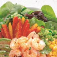 Fiesta Greens Salad · Spring mix & romaine, shrimp, corn, jalapeno, cilantro, tomato, cilantro, tomato, bell peppe...