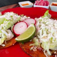 Enchiladas (Each) · Corn tortillas in deep homemade sauce with shredded chicken, lettuce, fresh cheese, onions, ...
