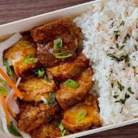 Pork Belly Rice Box · braised berkshire pork belly, koshihikari white rice, furikake, pickled daikon & carrots.