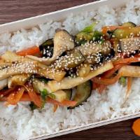 Veggie Rice Box · veggie medley of eggplant, trumpet mushrooms, tomatoes, koshihikari white rice, mushroom fur...