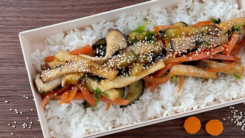 Veggie Rice Box · veggie medley of eggplant, trumpet mushrooms, tomatoes, koshihikari white rice, mushroom furikake & ginger soy.