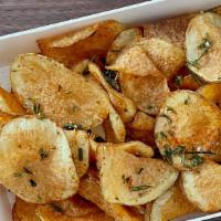 Togarashi Potato Chips · homemade russet potato kettle chips, togarashi, rosemary & salt.