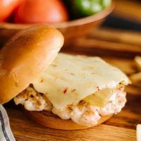 Mexicali Cluck · Chicken burger topped with cream cheese, anaheim chili & pepper jack cheese.  Served with fr...