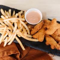 Kids Chicken Nuggets · Dino nuggets served with fries and a drink.