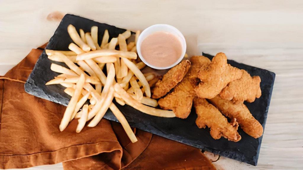 Kids Chicken Nuggets · Dino nuggets served with fries and a drink.