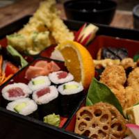 Chef'S Choice Bento · Grilled Salmon, Yakitori, shrimp Tempura, Agedashi Tofu, Sashimi / Sushi.