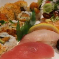 Sushi Nigiri Set Deluxe · Hot Spicy Salmon (8 pcs), Tuna, Hamachi, Salmon, Eel, Shrimp, Scallop.