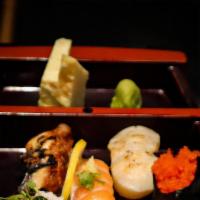 Sushi Nigiri Set · California roll (8 pcs), Tuna, Shrimp, Salmon, Seared Albacore, Surf Clam.