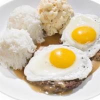 Loco Moco · 600-1440.
Savory homemade hamburger patties over rice covered with brown gravy and topped wi...