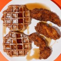 Classic Chicken & Waffle Plate  · 3 Chicken tenders, 2 belgian waffles, topped with powdered sugar & maple syrup
