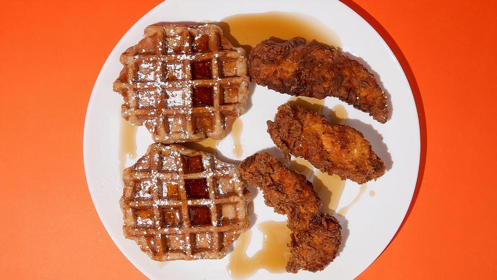 Classic Chicken & Waffle Plate  · 3 Chicken tenders, 2 belgian waffles, topped with powdered sugar & maple syrup