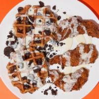 Oreo Waffles & Chicken Plate · 3 Chicken tenders, 2 belgian waffles, oreo crumble, topped with vanilla cream