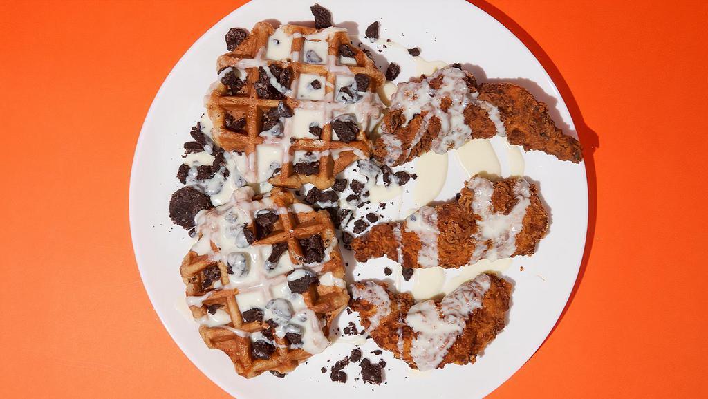 Oreo Waffles & Chicken Plate · 3 Chicken tenders, 2 belgian waffles, oreo crumble, topped with vanilla cream