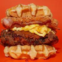 Bacon Sunrise Chicken & Waffle Sandwich · Crispy fried chicken, bacon, hashbown, eggs, maple syrup, between 2 belgian waffles