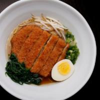 Shoyu Pako Ramen · Chicken Broth w/ Shoyu, Thick Noodle, Pork Katsu, 1/2 Boiled Egg, Shredded Cabbage, Spinach,...