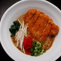 Yellow Curry Ramen · Veggie Broth w/ Premium Japanese Curry, Thick Noodle, Chicken Katsu, Spinach, Shredded Cabba...