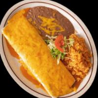 Chile Relleno Burrito · Vegetarian. Chile relleno wrapped in a flour tortilla, with rice and choice of beans, topped...