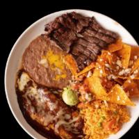 Tampiquena · Four ounces. Carne asada or grilled chicken served with cheese enchilada smothered with mole...