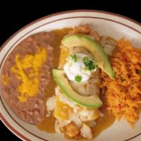 Shrimp Or Crab Enchilada (One) · Shrimp or crab cooked with onion and tomato; topped with green sauce, cheese, sour cream, ch...