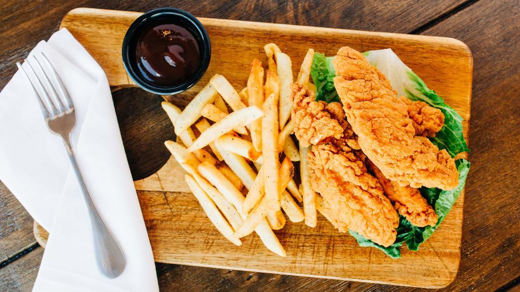 Chicken Tenders · Four tenders served with house fries and a side of bbq sauce.