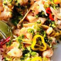 Shrimp · Pan searod shrimp, escabeche slaw, pineapple & house aioli