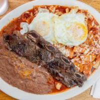Chilaquiles · Southern-Mexican breakfast consisting of tortilla squares deep fried and smothered in your c...