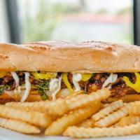 Lamb Submarine · Marinated Spicy Lamb, Mayo, Pepper jack cheese , Onion, Banana Pepper with Salt, Oyster sauc...