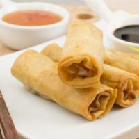 Crispy Spring Rolls (3 Pcs) · Vegetable. Deeply fried rice paper wrap filled with glass noodles, cabbage, and carrot. Serv...