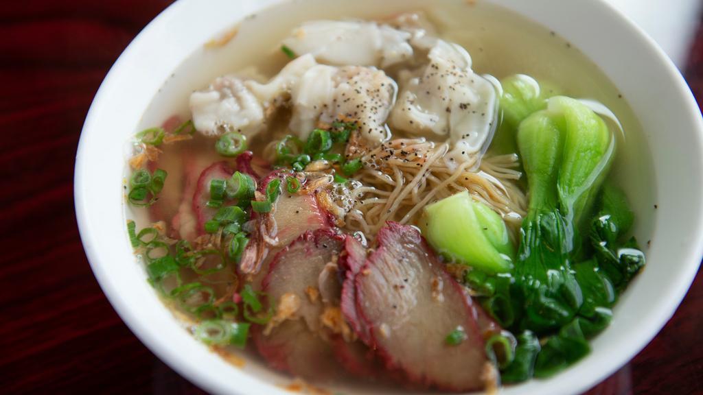 Bbq Pork & Wonton Egg Noodle Soup · Pork and shrimp wontons, bbq pork slices, scallions, chicken broth.