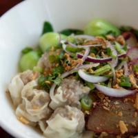 Bah Mee (Served Dry) · Thin egg noodles with pork and shrimp wontons, sliced bbq pork, bean sprouts, bok choy, topp...