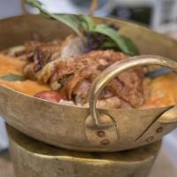 Roast Duck Curry · Roast duck in red curry with cherry tomato, pineapple, lychee, bell pepper, green apple, and...