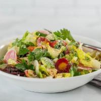 Garden Chop Salad · heirloom carrot, green beans, radish, charred corn, avocado, parmesan, champagne vinaigrette