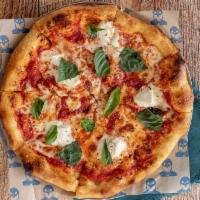 Margherita · fresh mozzarella, organic tomato sauce, basil,.  parmigiano reggiano