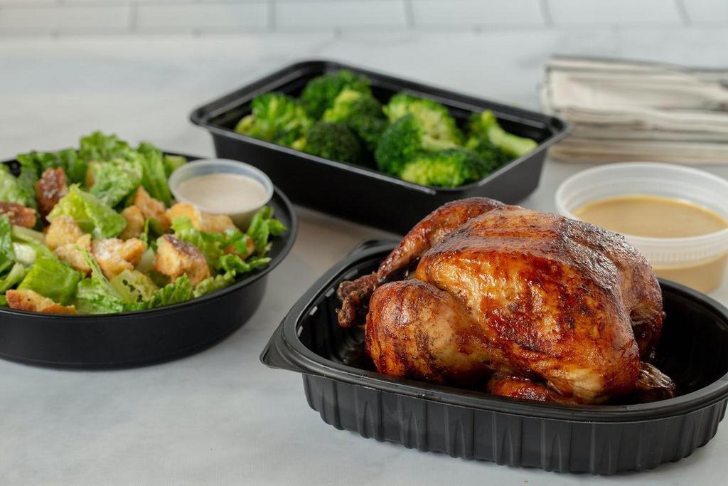 Family On The Fly · Whole Bird, Caesar Salad, Choice of Large Side. (Serves 4).