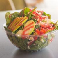 Strawberry Apple · Spinach, arugula, strawberries, feta cheese, apples, candied pecans, quinoa. Your choice of ...