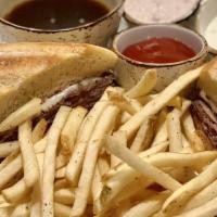 Prime French Dip · Warm roast beef, au jus, provolone, toasted parmesan baguette, choice of herbed french fries...