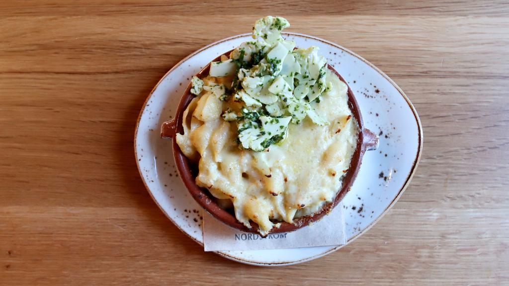 Baked Cauliflower Mac-N-Cheese · Campanelle pasta, alfredo sauce, breadcrumbs, basil pesto