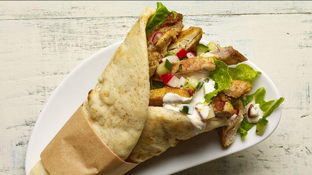 Halal Chicken Gyro · Pita Bread filled with Grilled Chicken seasoned in our special of Mediterranean spices with lettuce, tomato, and onion topped by tzatziki sauce and garlic sauce. with optional Homemade hot sauce.