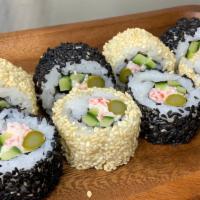 Chess Roll · Crab mix, Cucumber, Pickled Asparagus, Rice, Nori, White & Black Sesame Seed