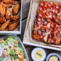 $48 & Fly · Choice of one pizza (cheese, pepperoni or sausage & onion). Medium Wings or Tenders. Caesar ...