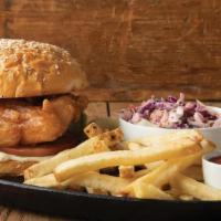 Fish Sandwich · Fried fish on a toasted sesame bun with a tartar sauce spread. Comes with fries with ketchup...
