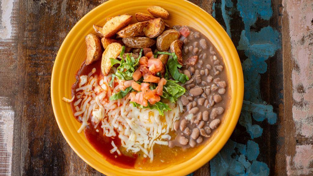 Huevos Rancheros* · Two eggs, blue corn tortillas, white cheddar, Range Fries, pinto beans,
choice of chile

 
Consuming raw or undercooked meats, poultry, seafood, shellfish, or eggs may increase your risk of foodborne illness.