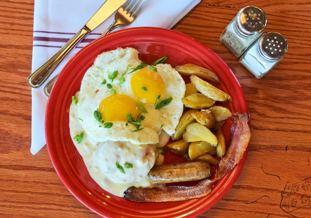 Biscuit & Gravy Deluxe* · Housemade buttermilk biscuit, two eggs, country-style sausage gravy,
choice of breakfast meat, Range Fries, green onions

Consuming raw or undercooked meats, poultry, seafood, shellfish, or eggs may increase your risk of foodborne illness.