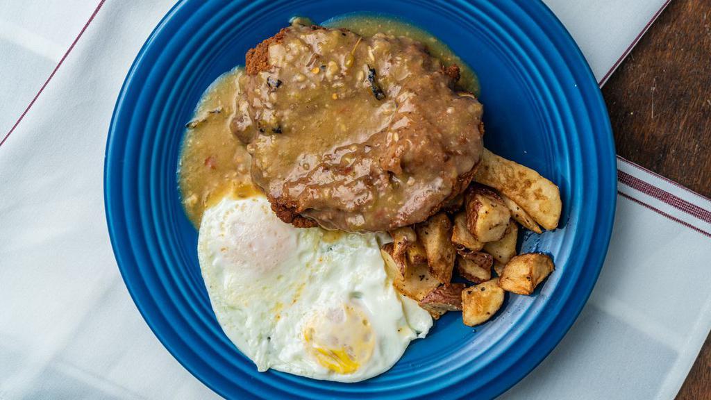 Country Fried Steak And Eggs · Two eggs, green chile gravy, Range Fries, choice of bread.

Consuming raw or undercooked meats, poultry, seafood, shellfish, or eggs may increase your risk of foodborne illness.