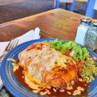 Chimichanga · Arroz Verde, pinto beans, white cheddar, choice of chile.