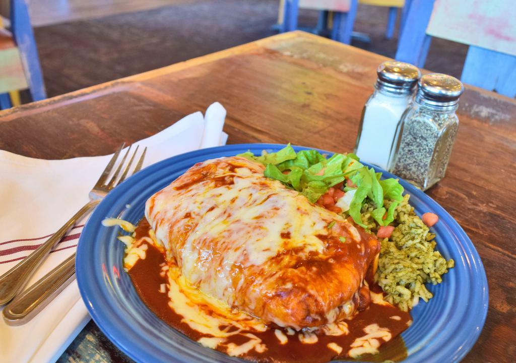 Chimichanga · Arroz Verde, pinto beans, white cheddar, choice of chile.