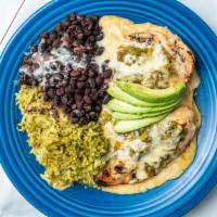 Range Chicken · Grilled chicken breast, white corn tortilla, chile con queso, chopped green chile, melted wh...