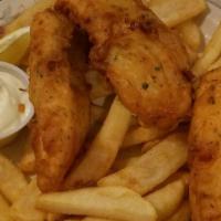 Fish & Chips · Hand-cut Alaskan cod with a light breading served with fries